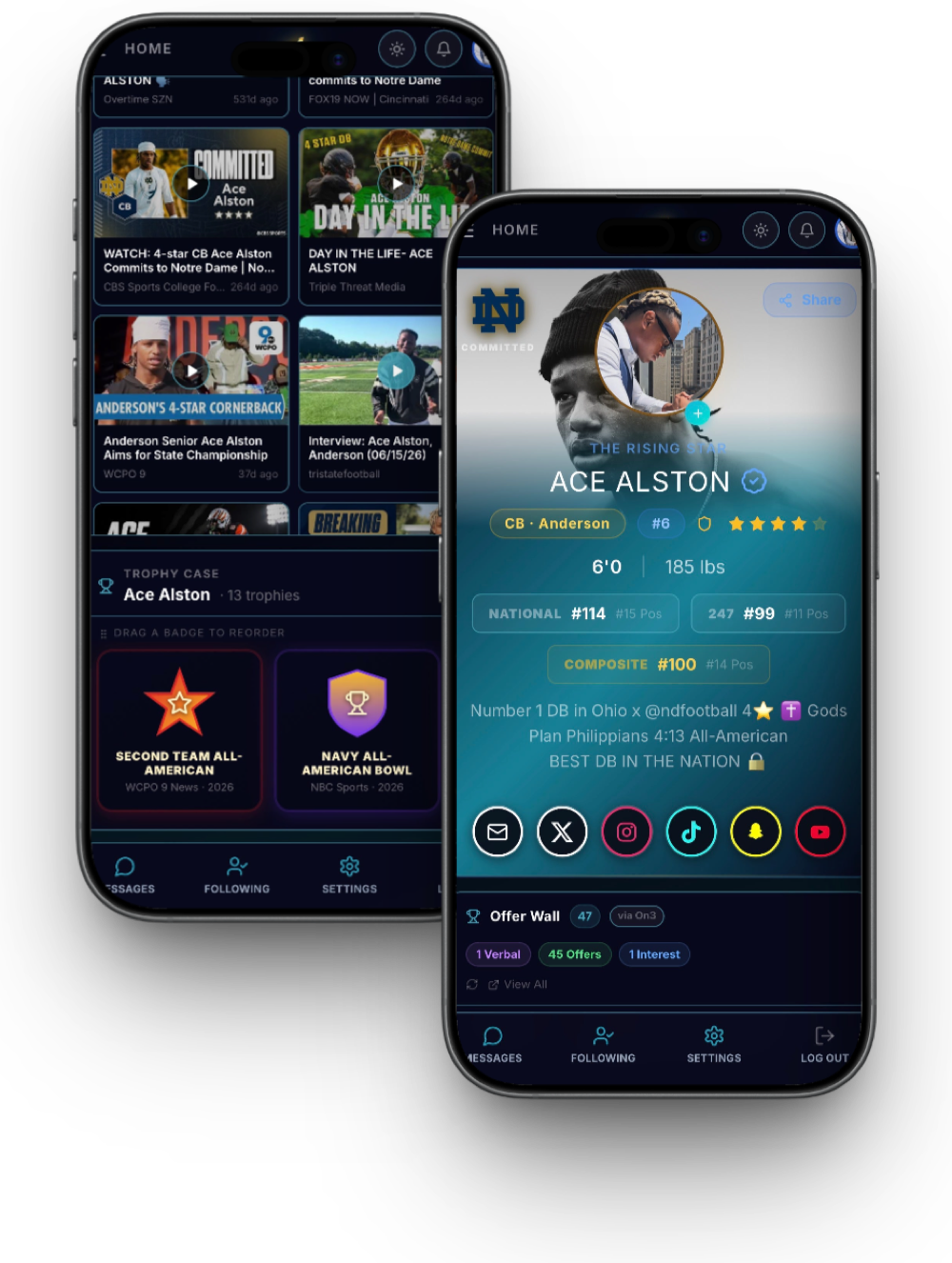 The LKR on two phones: a player locker with rankings and offer wall, and the news and trophy case feed